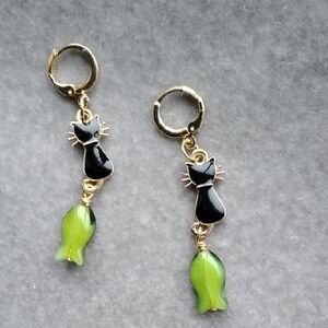 Hand Crafted Black Enamel Cat and Fish Earrings